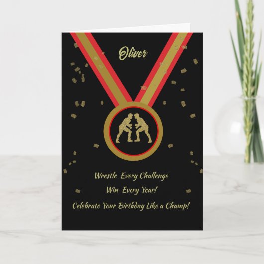Worstelaar Verjaardag Zwart Goud en Rode Medaille  Kaart (Voorkant)