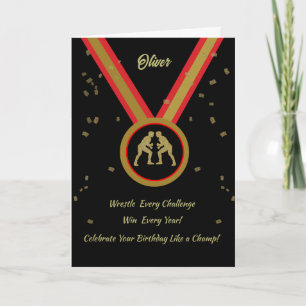 Worstelaar Verjaardag Zwart Goud en Rode Medaille  Kaart