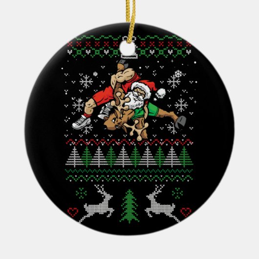 Worstelen Lelijke Kerstmis Wrestler Santa Reindeer Keramisch Ornament (Voorkant)