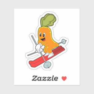 Wortel als skier met skiën sticker