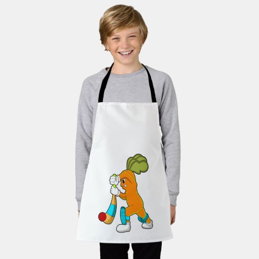 Wortel op cricket met cricket bat schort (Gedragen)