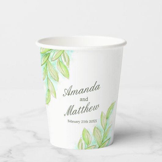 Wortende groene bladeren aangepaste naam papieren bekers (Achterkant)