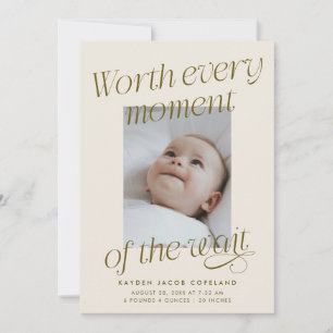 Worth The Wait Cream Foto Moderne Geboorte Aankondiging