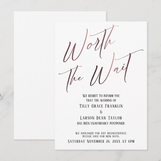 Worth the Wait Uitgesteld Bruiloft Roos Gold Kaart (Voorkant / Achterkant)