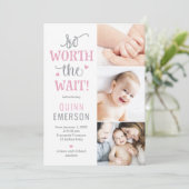 Worth Waiting Baby Foto geboorteaankondiging Feestdagenkaart (Staand voorkant)