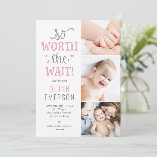 Worth Waiting Baby Foto geboorteaankondiging Feestdagenkaart (Staand voorkant)