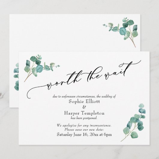 Worthe Wait Eucalyptus Postponed Wedding Card Kaart (Voorkant / Achterkant)