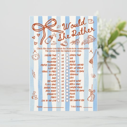 Would She Rather Baby Shower Game in Blue (Staand voorkant)