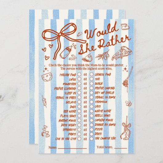 Would She Rather Baby Shower Game in Blue (Voorkant / Achterkant)