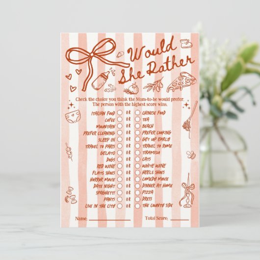 Would She Rather Baby Shower Game in Red (Staand voorkant)