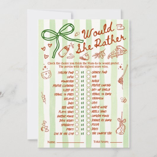 Would She Rather Baby Shower Game in Red Green (Voorkant)