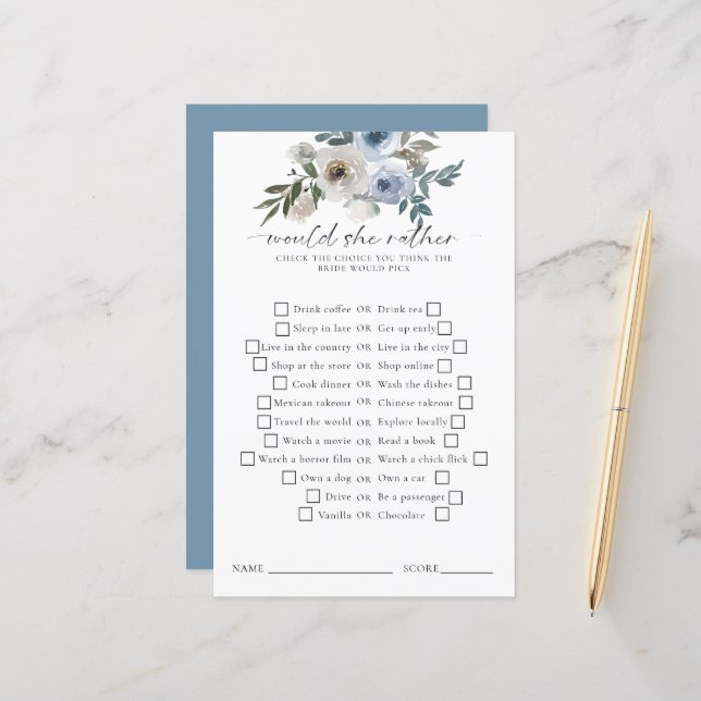 Would She Rather Bridal Shower Game Dusty Blue (Voorkant / Achterkant in situ)