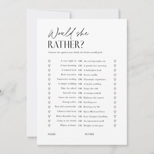 Would She Rather Bridal Shower Game Trivia Card Kaart (Voorkant)