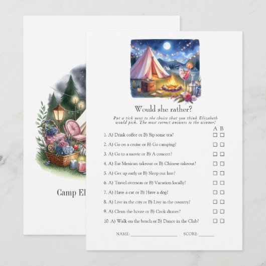 Would She Rather Camp Bachelorette Weekend Game Kaart (Voorkant / Achterkant)