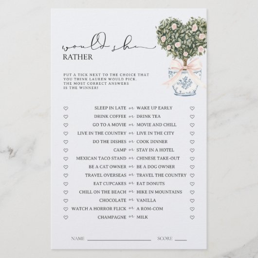 Would She Rather Chinoiserie Pink Shower Game (Voorkant)