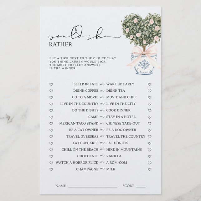 Would She Rather Chinoiserie Pink Shower Game (Voorkant)