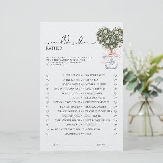 Would She Rather Chinoiserie Pink Shower Game (Staand voorkant)