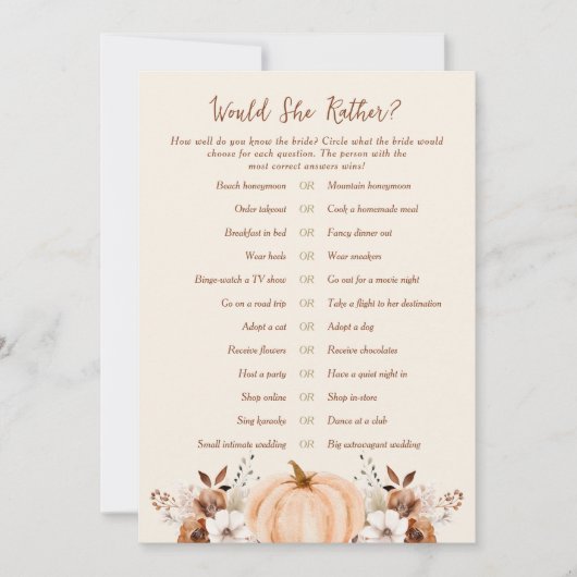 Would She Rather Fall Bridal Shower Game Card Kaart (Voorkant)