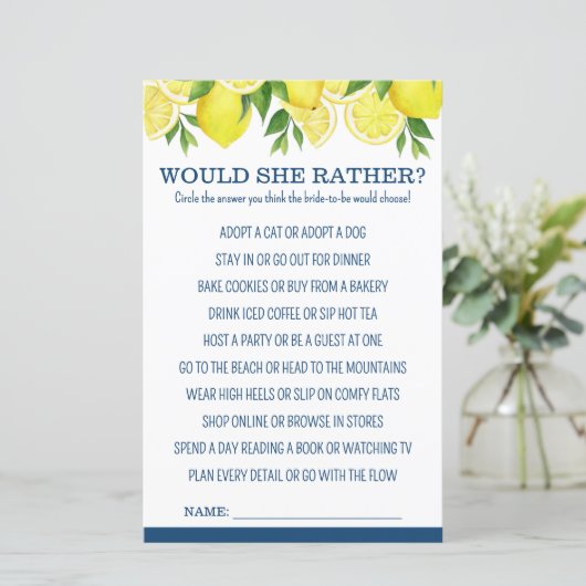 Would She Rather Lemon Bridal Shower Game (Staand voorkant)
