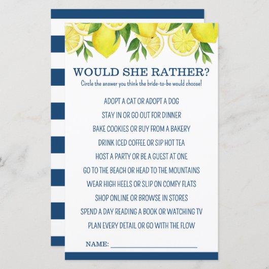 Would She Rather Lemon Bridal Shower Game (Voorkant / Achterkant)