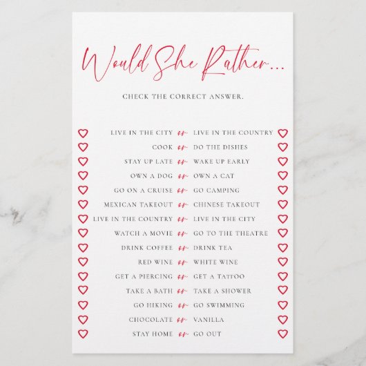 Would She Rather Valentine Chic Bridal Shower Game Flyer (Voorkant)