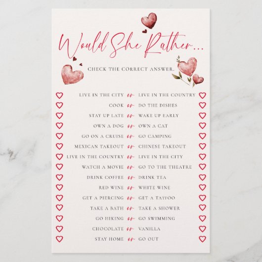 Would She Rather Valentine Vine Bridal Shower Game Flyer (Voorkant)