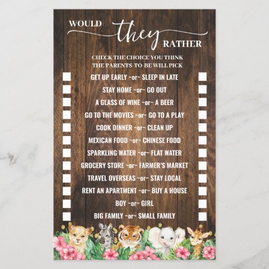 Would They Rather Rustic Pink Safari Game Card Flyer (Voorkant)