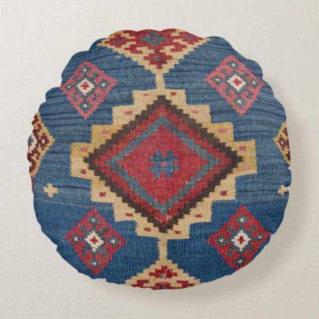 Woven Kilim Colorful Royal Blue Yellow  Rond Kussen (Voorkant)