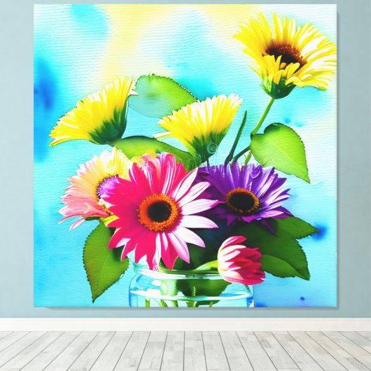 Wow factor. Vaas en bloemen. Levendige kleuren Canvas Afdruk (Insitu (Houten vloer))