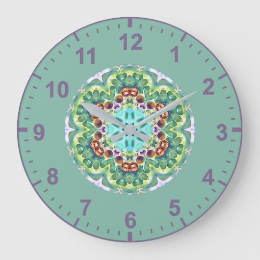 WOW! Fractal Pattern Green, Mauve White en Aqua Grote Klok (Voorkant)
