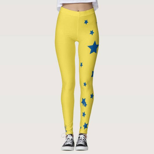 Wow! Geel en blauw Star Down Syndrome Leggings (Voorkant)