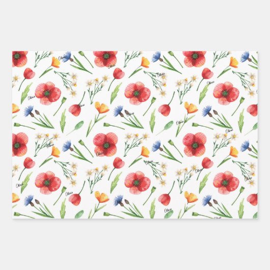 WP | Namen 3 Kleurrijke 19x29 Waterverf Wildflower Inpakpapier Vel (Voorkant)