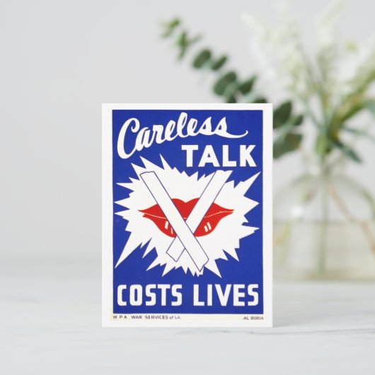  WPA-Poster: "Onzorgvuldig praten kost levens" Briefkaart (Staand voorkant)