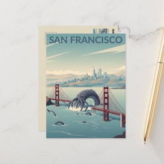 WPA‑stijl San Francisco Cryptid Briefkaart (Voorkant / Achterkant in situ)