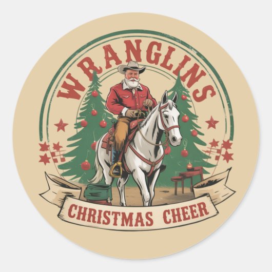 Wrangling Christmas Cheer Cowboy Santa Horse Ride Ronde Sticker (Voorkant)