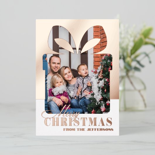Wrapped in Love - Christmas Gift  Photo Rose Gold Folie Feestdagenkaart (Staand Voorkant)