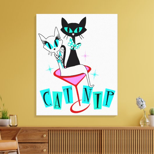 Wrapped Stretched Retro Atomic Cat CatNip Canvas Afdruk (Insitu (Woonkamer))