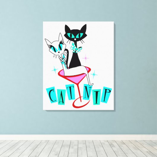 Wrapped Stretched Retro Atomic Cat CatNip Canvas Afdruk (Insitu (Houten vloer))