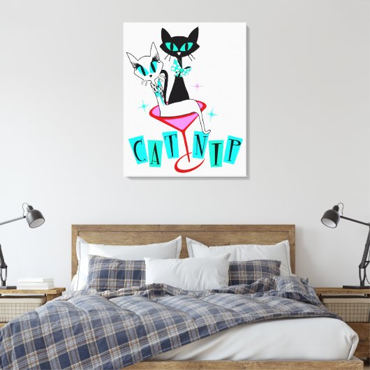 Wrapped Stretched Retro Atomic Cat CatNip Canvas Afdruk (Insitu (Slaapkamer))