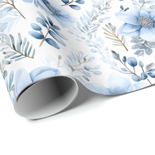 Wrapping Paper - Blue Winter Floral Pattern Cadeaupapier (Rol Hoek)
