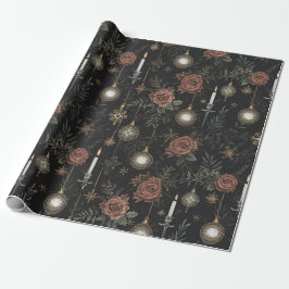 Wrapping Paper – Crimson Roses, Gold Ornaments  Cadeaupapier