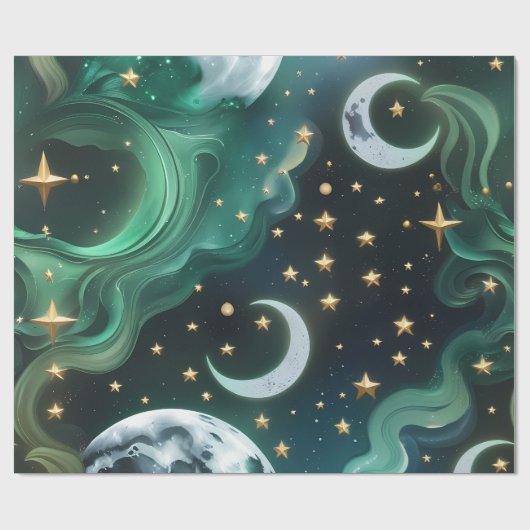 Wrapping Paper - Emerald Green Celestial Moon Cadeaupapier (Vlak)