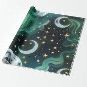 Wrapping Paper - Emerald Green Celestial Moon Cadeaupapier (Uitgerold)