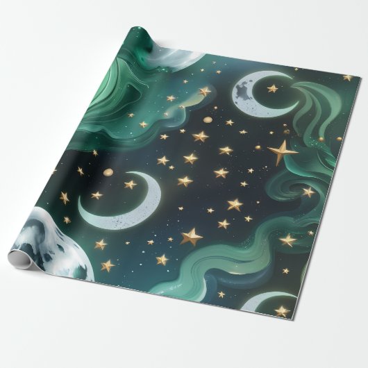 Wrapping Paper - Emerald Green Celestial Moon Cadeaupapier (Uitgerold)