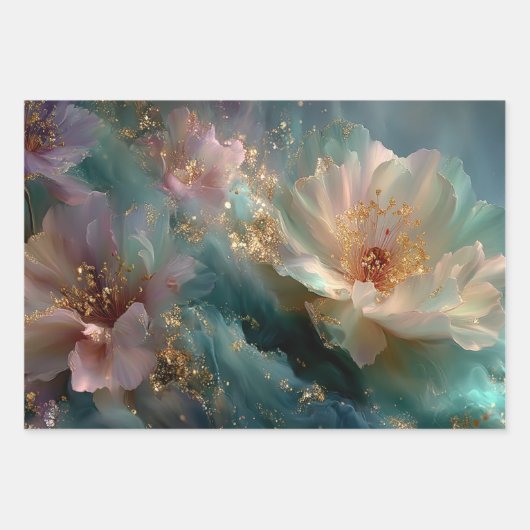 Wrapping Paper for Decoupage Teal Gold Florals  (Voorkant 2)