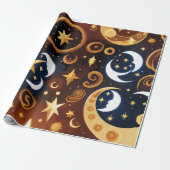 Wrapping Paper -Golden Ochre Celestial Moon Patten Cadeaupapier (Uitgerold)
