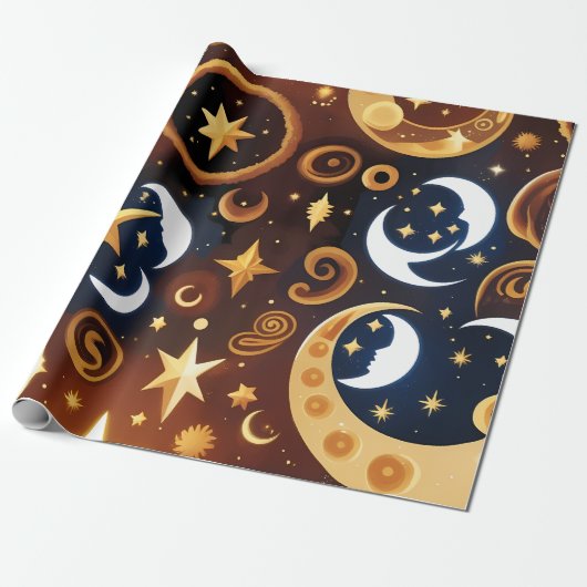 Wrapping Paper -Golden Ochre Celestial Moon Patten Cadeaupapier (Uitgerold)