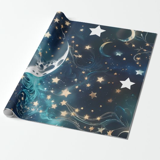 Wrapping Paper – Icy Blue Moon Phases Cadeaupapier (Uitgerold)