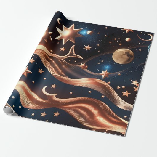 Wrapping Paper – Luxury Bronze Celestial Moon Prem Cadeaupapier (Uitgerold)