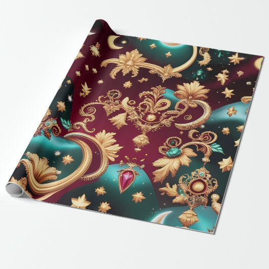 Wrapping Paper – Luxury Crimson Red Celestial Moon Cadeaupapier (Uitgerold)